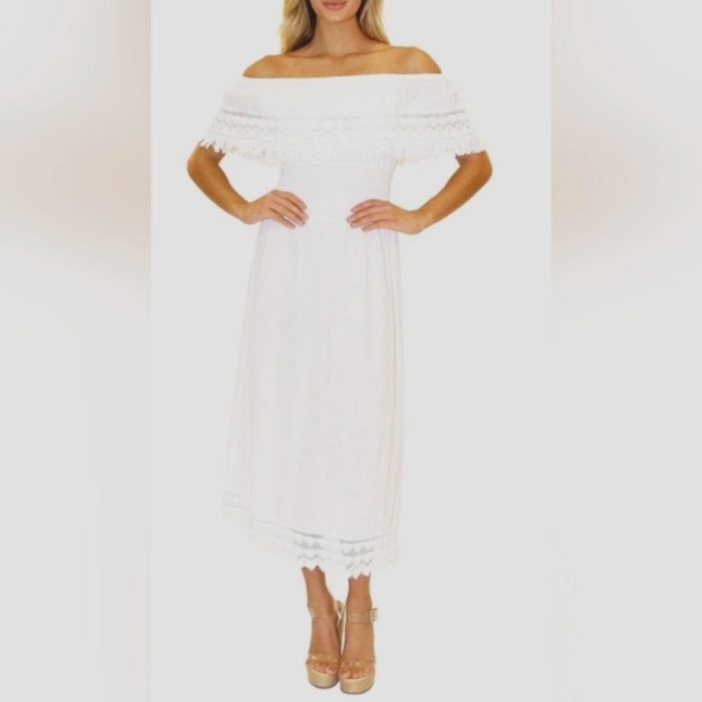 Seaspice Elegant Off-Shoulder White Midi Dress. Size Large. White Lotus Like New